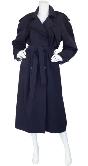 1980s Navy Blue Wool Double-Breasted Trench Coat