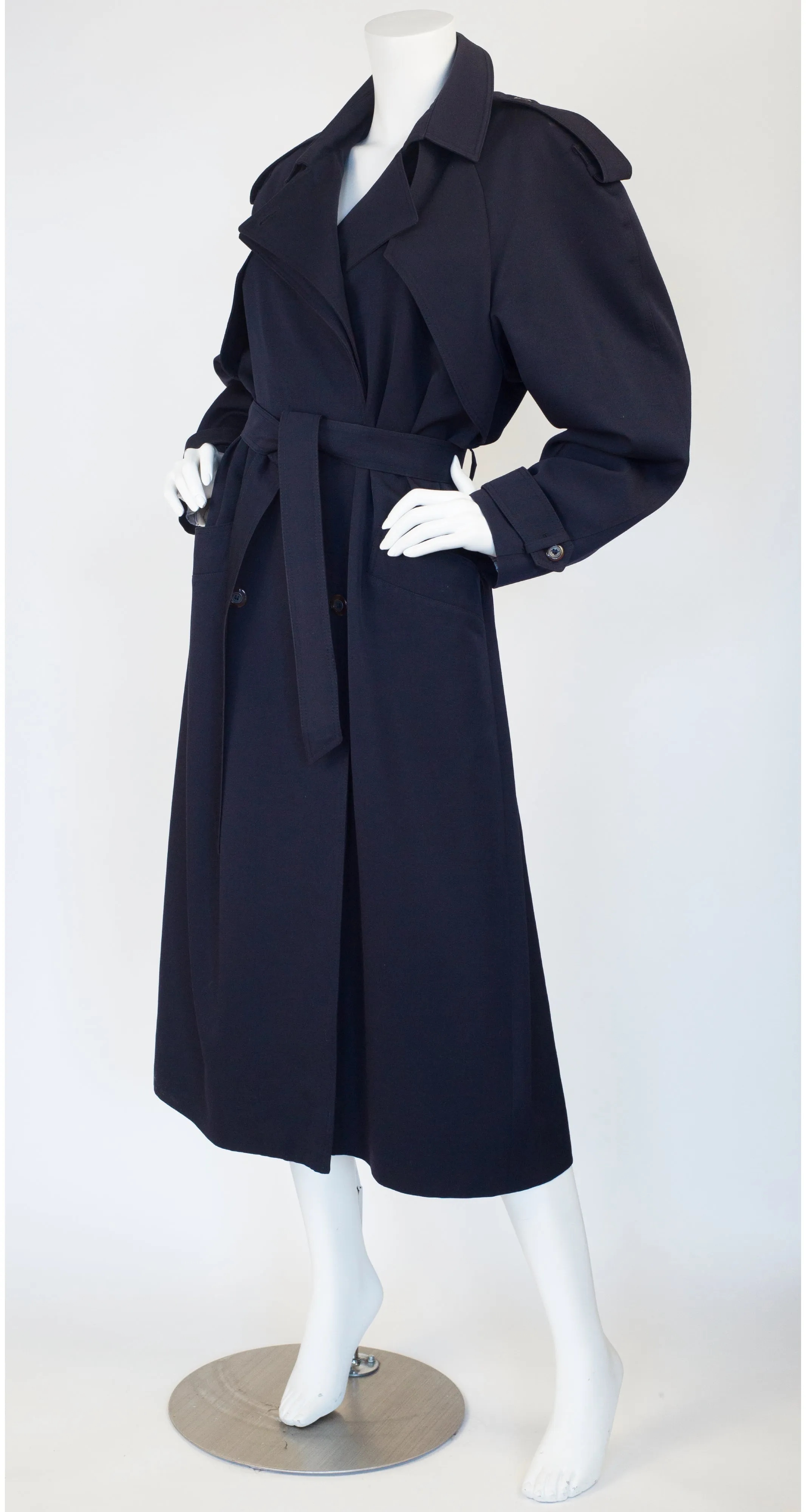 1980s Navy Blue Wool Double-Breasted Trench Coat