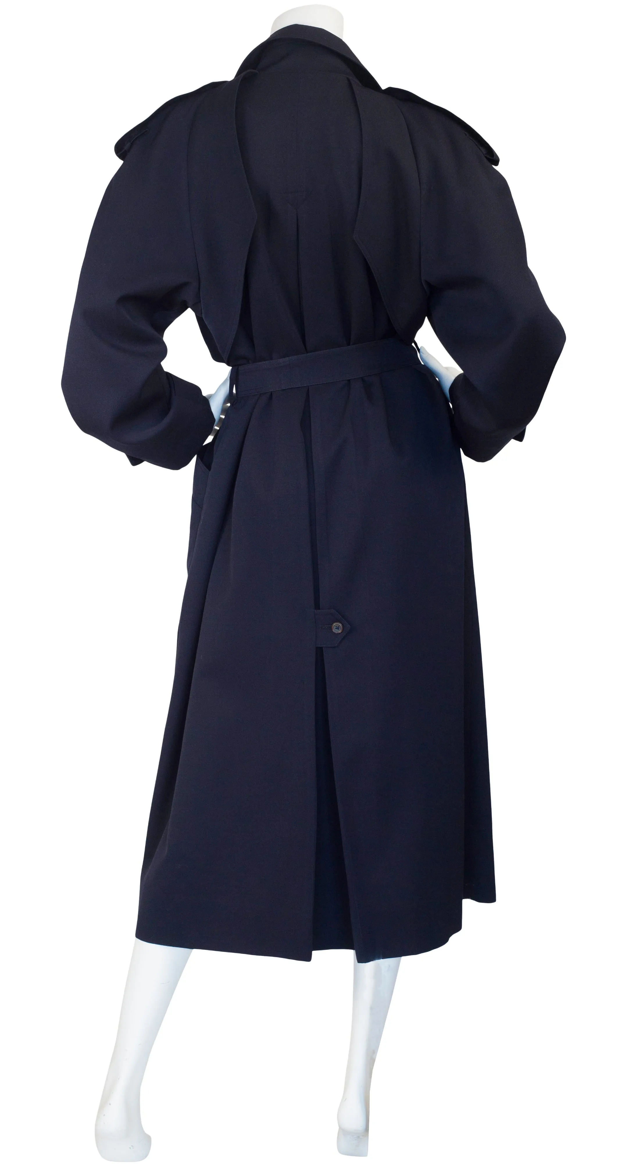 1980s Navy Blue Wool Double-Breasted Trench Coat