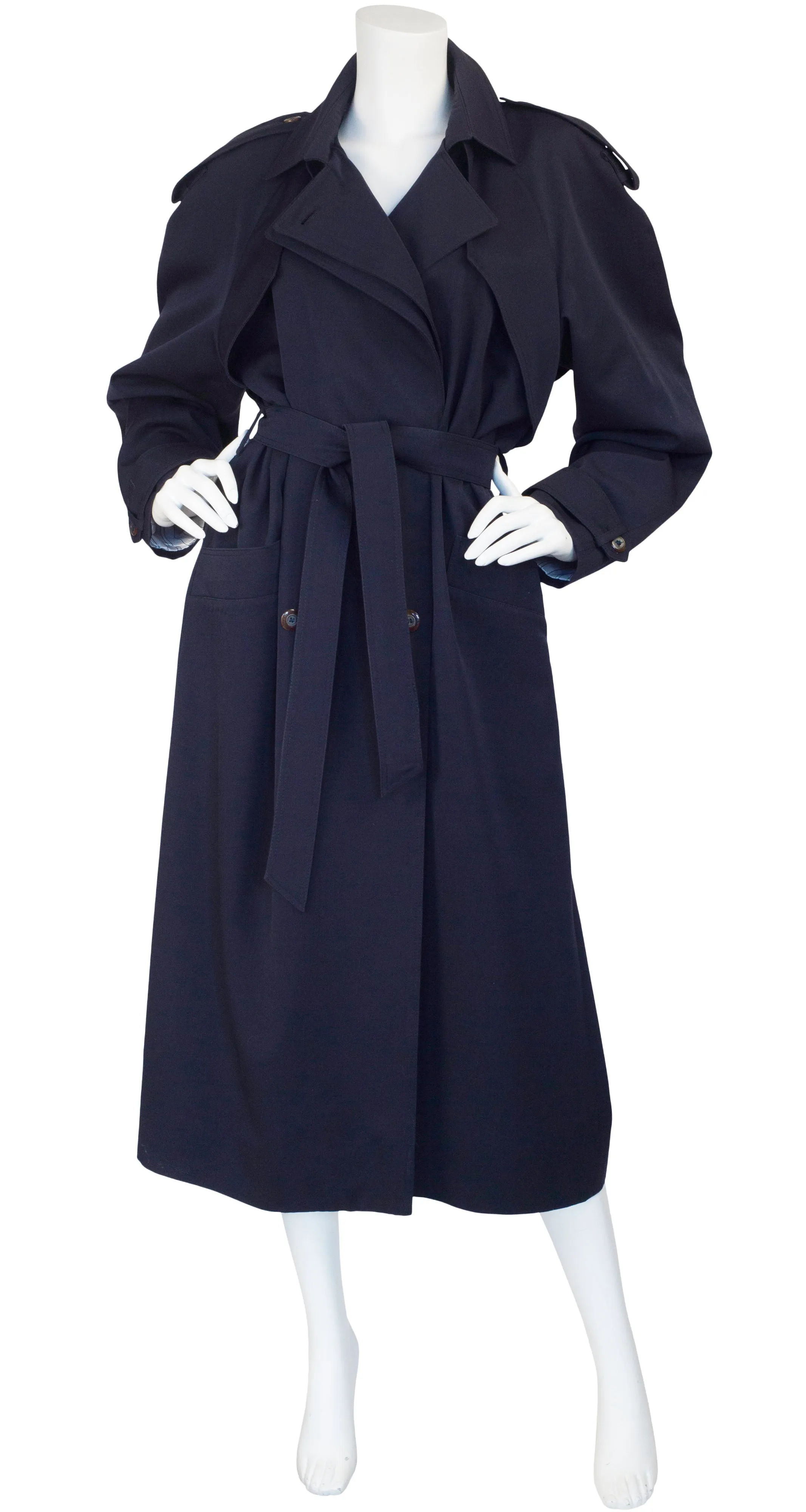 1980s Navy Blue Wool Double-Breasted Trench Coat