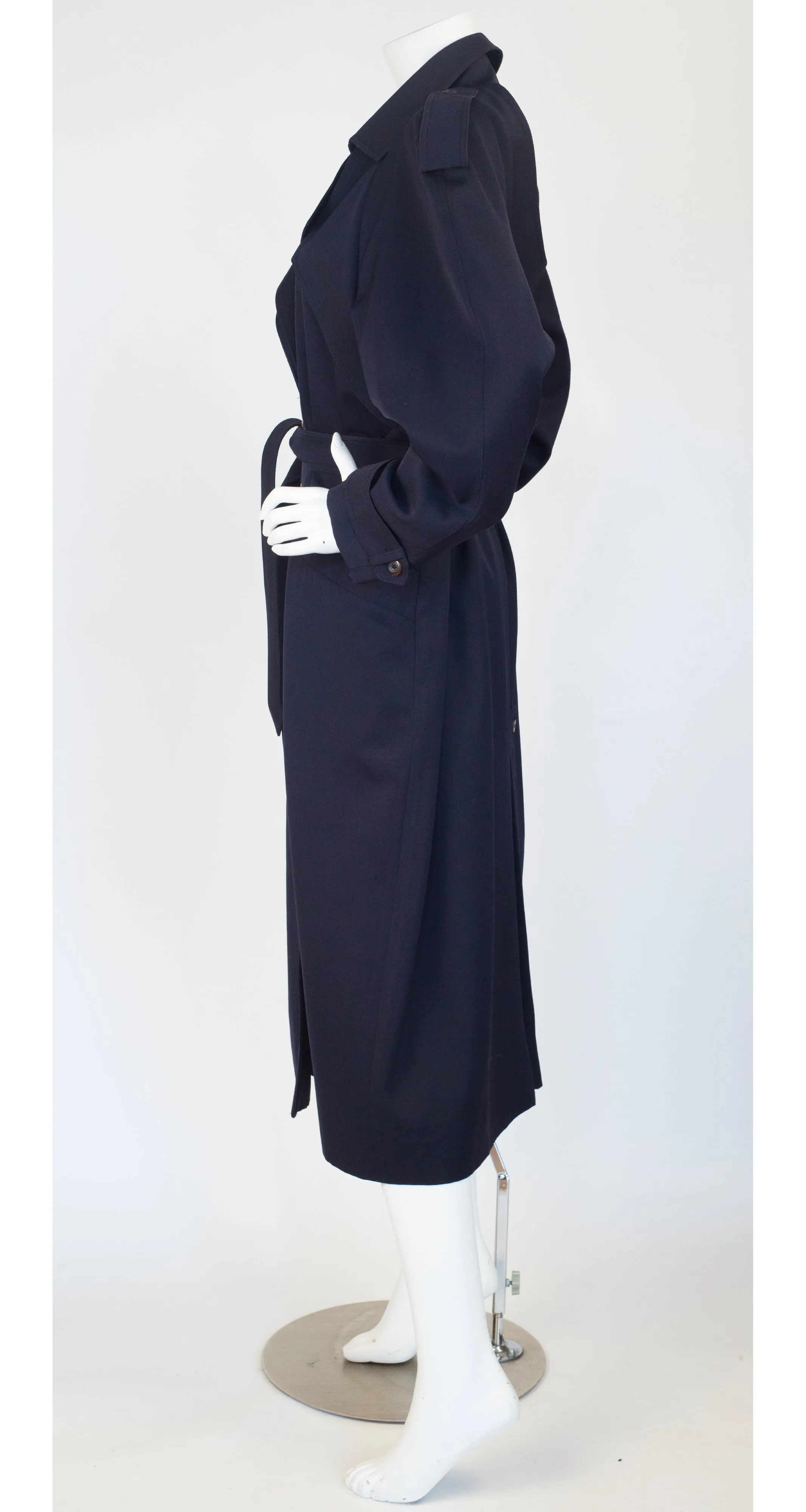 1980s Navy Blue Wool Double-Breasted Trench Coat