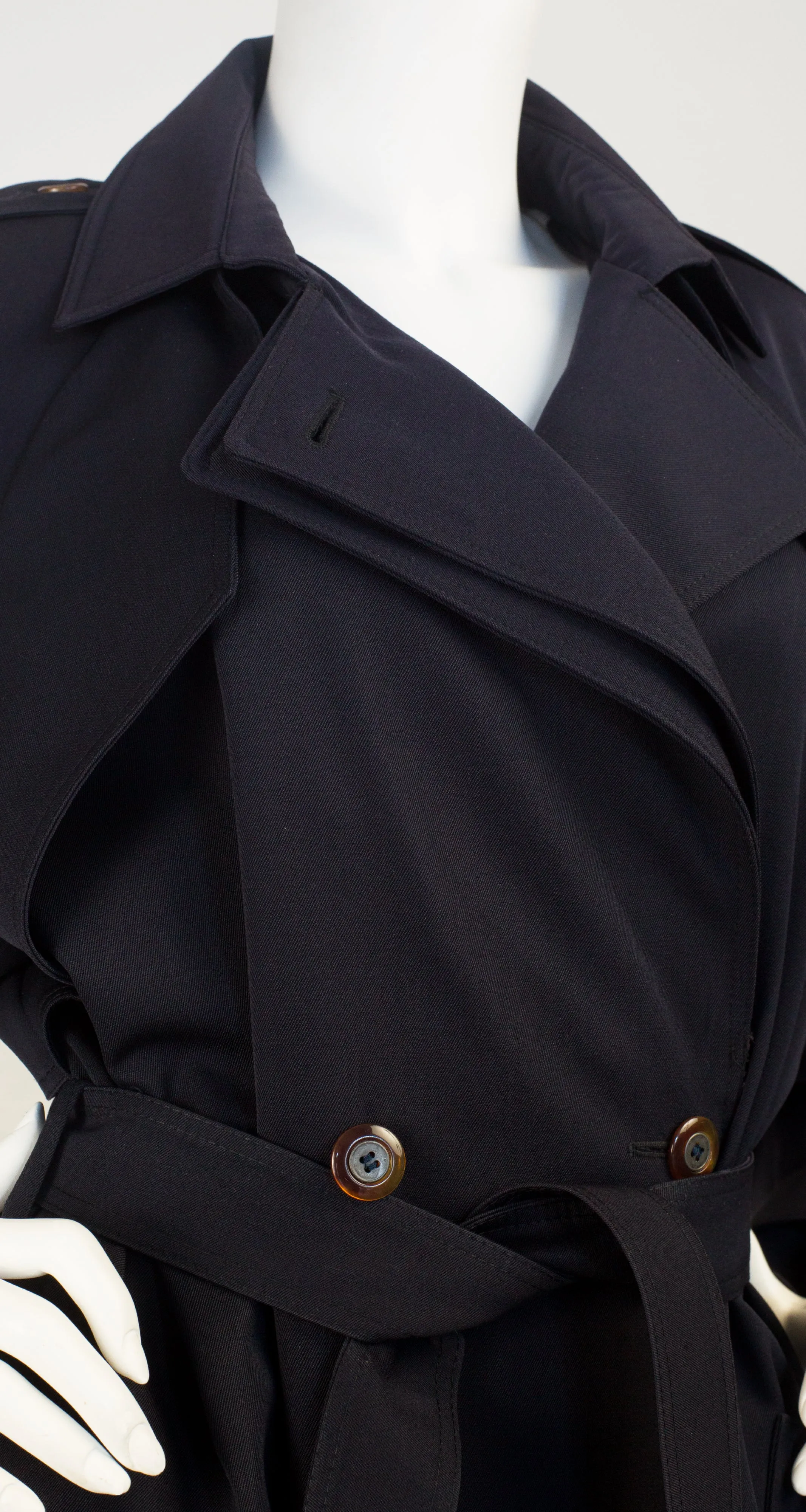 1980s Navy Blue Wool Double-Breasted Trench Coat