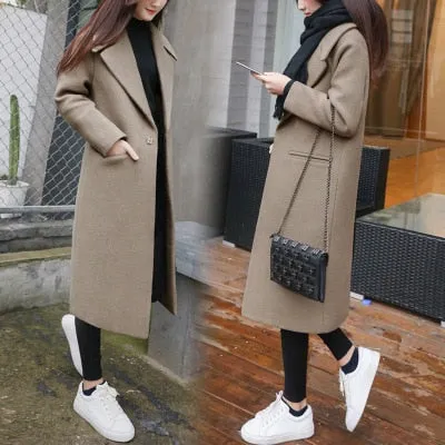 2020 Women's Winter Black Long Wool Coat Streetwear Korean Fashion Female Loose Warm Clothes