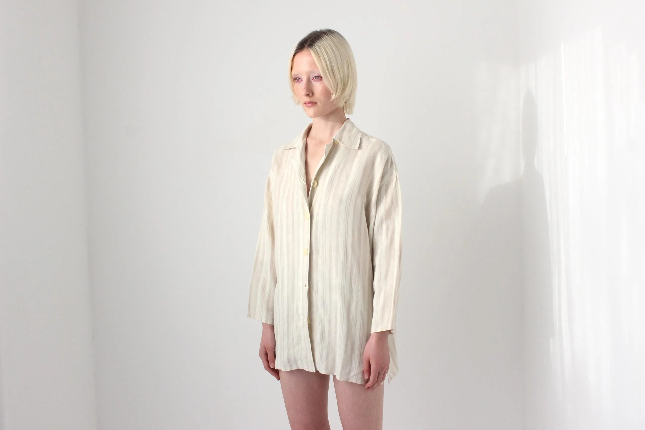 90s Italian Linen Subtle Beige Stripe Shirt