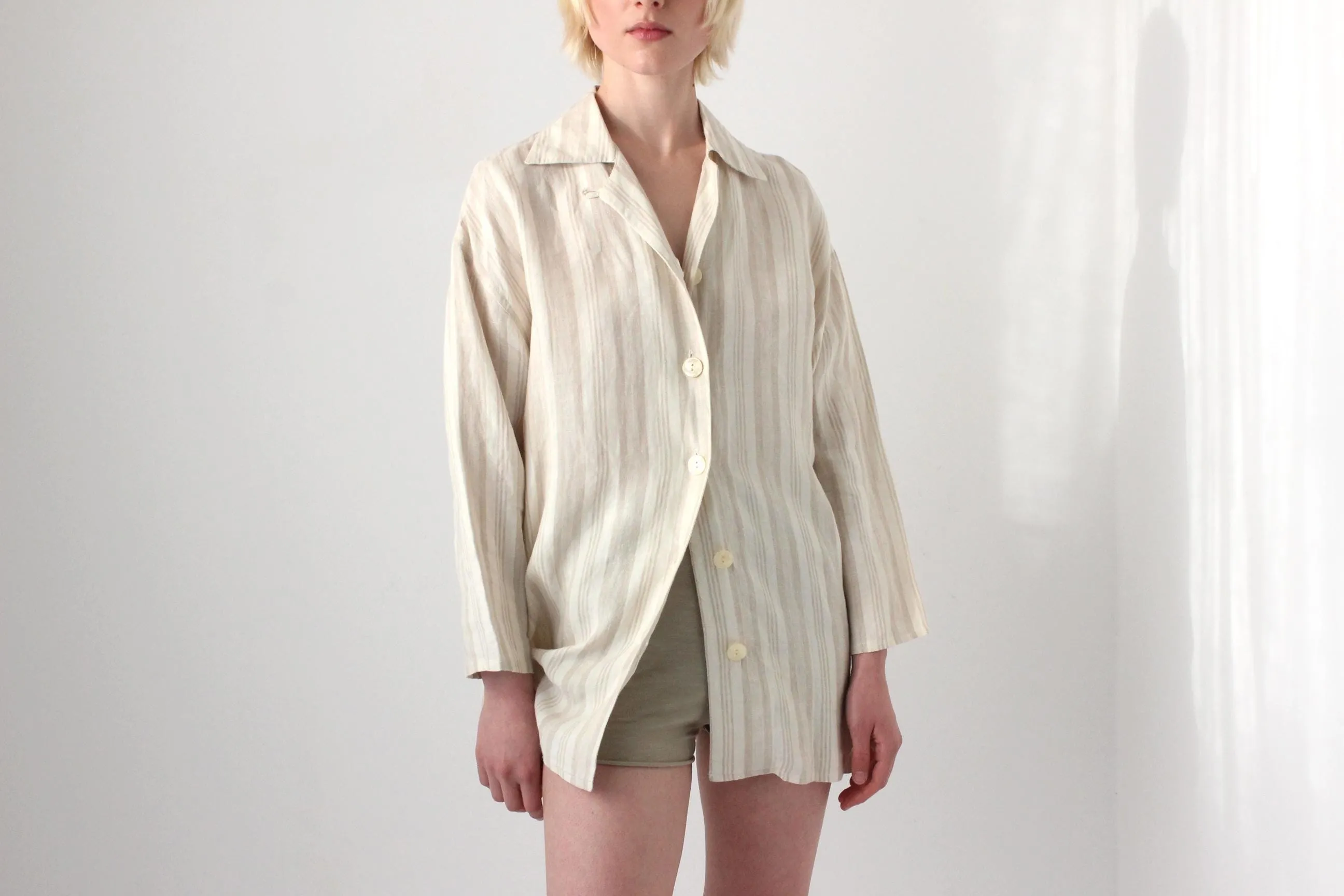 90s Italian Linen Subtle Beige Stripe Shirt
