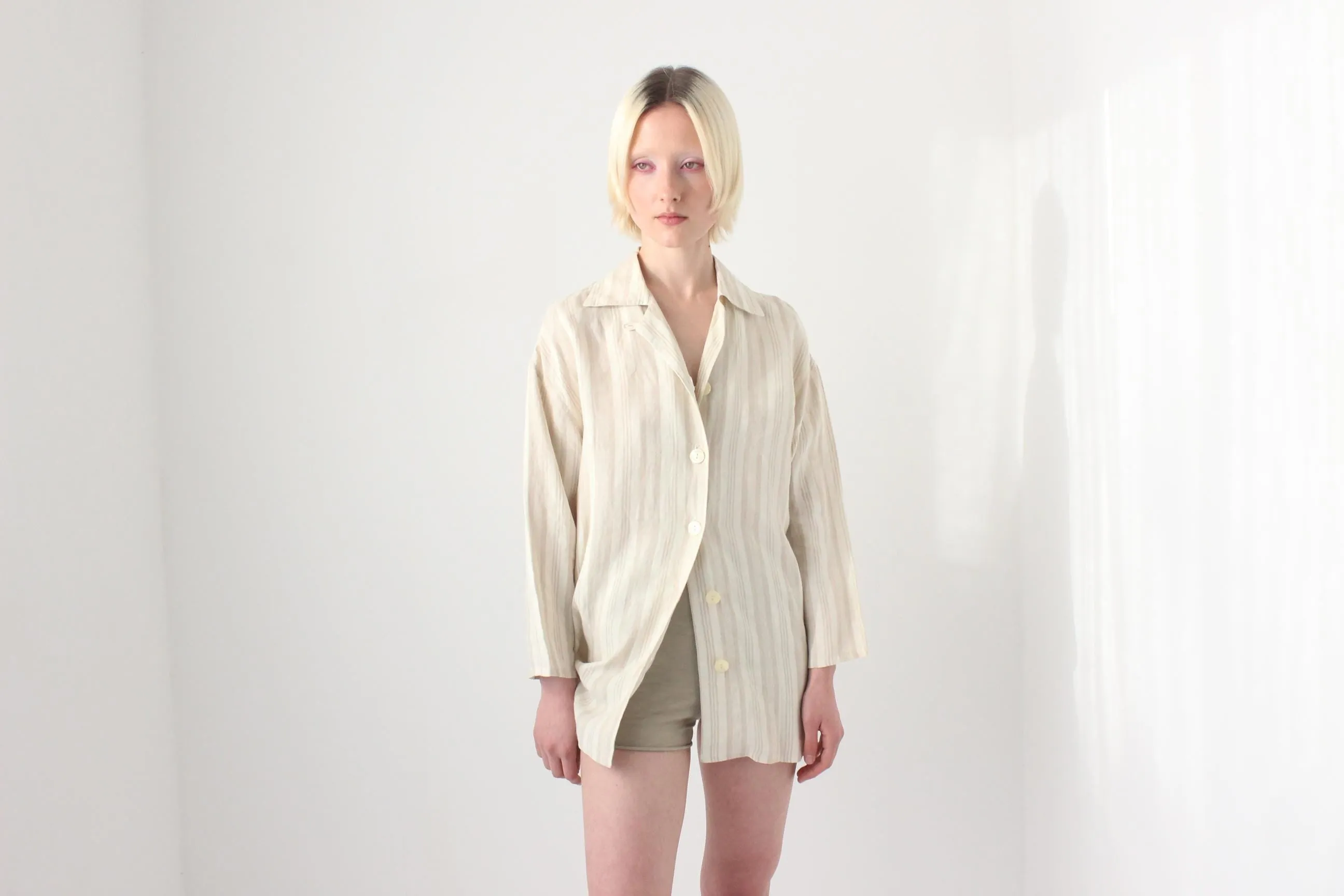 90s Italian Linen Subtle Beige Stripe Shirt