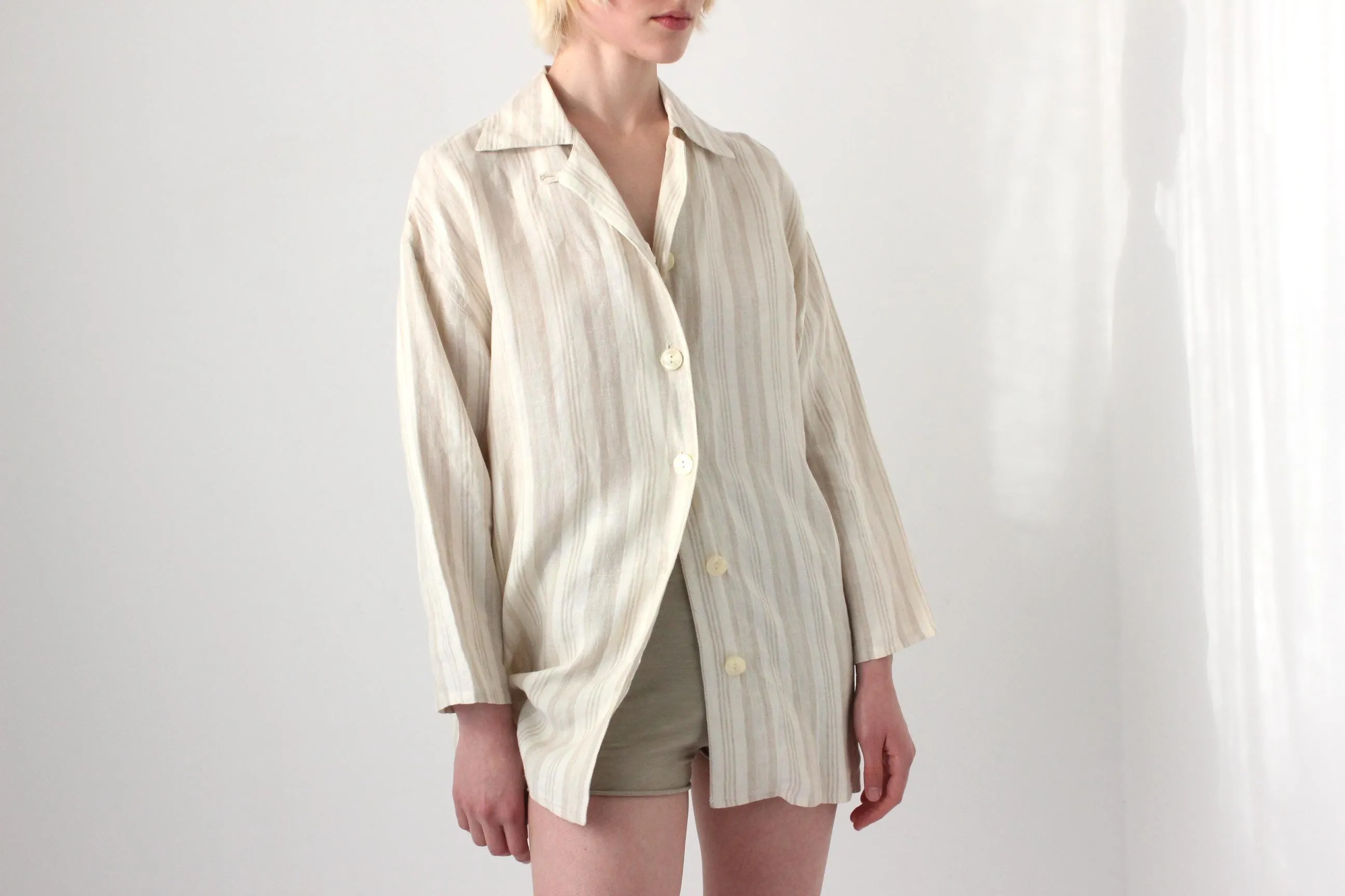 90s Italian Linen Subtle Beige Stripe Shirt