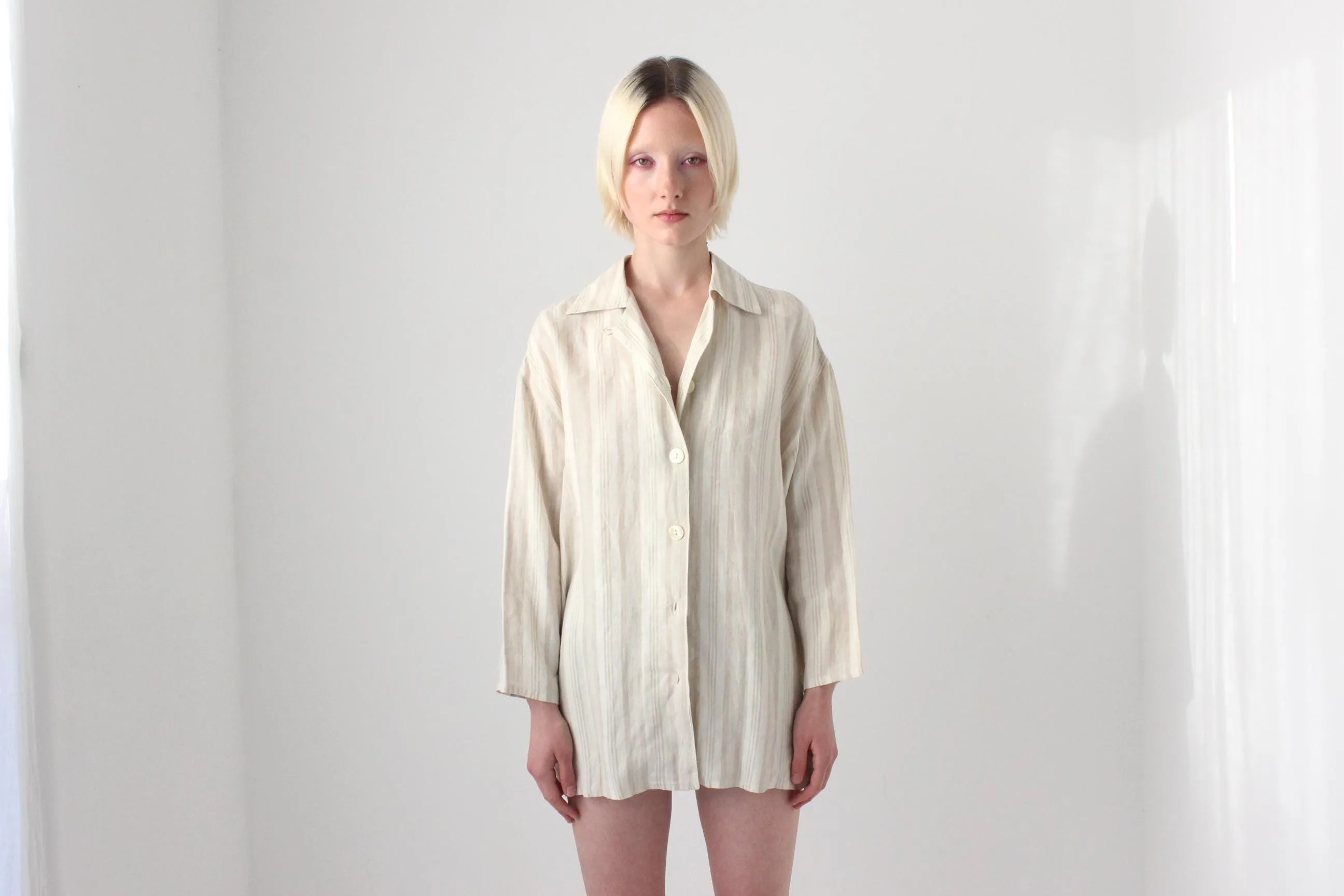 90s Italian Linen Subtle Beige Stripe Shirt