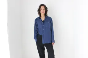 90s Textured Pure Silk Relaxed Shirt in Navy
