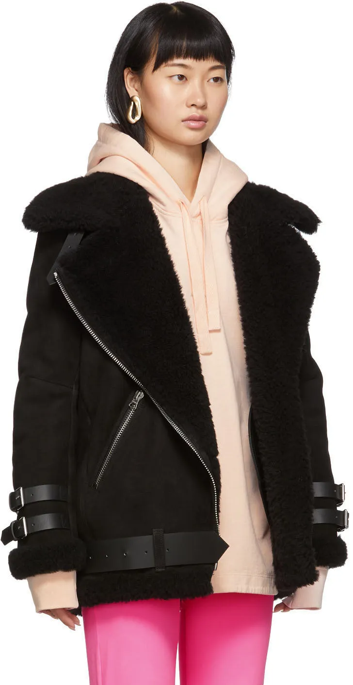 Acne Studios Black Suede Shearling Aviator Jacket
