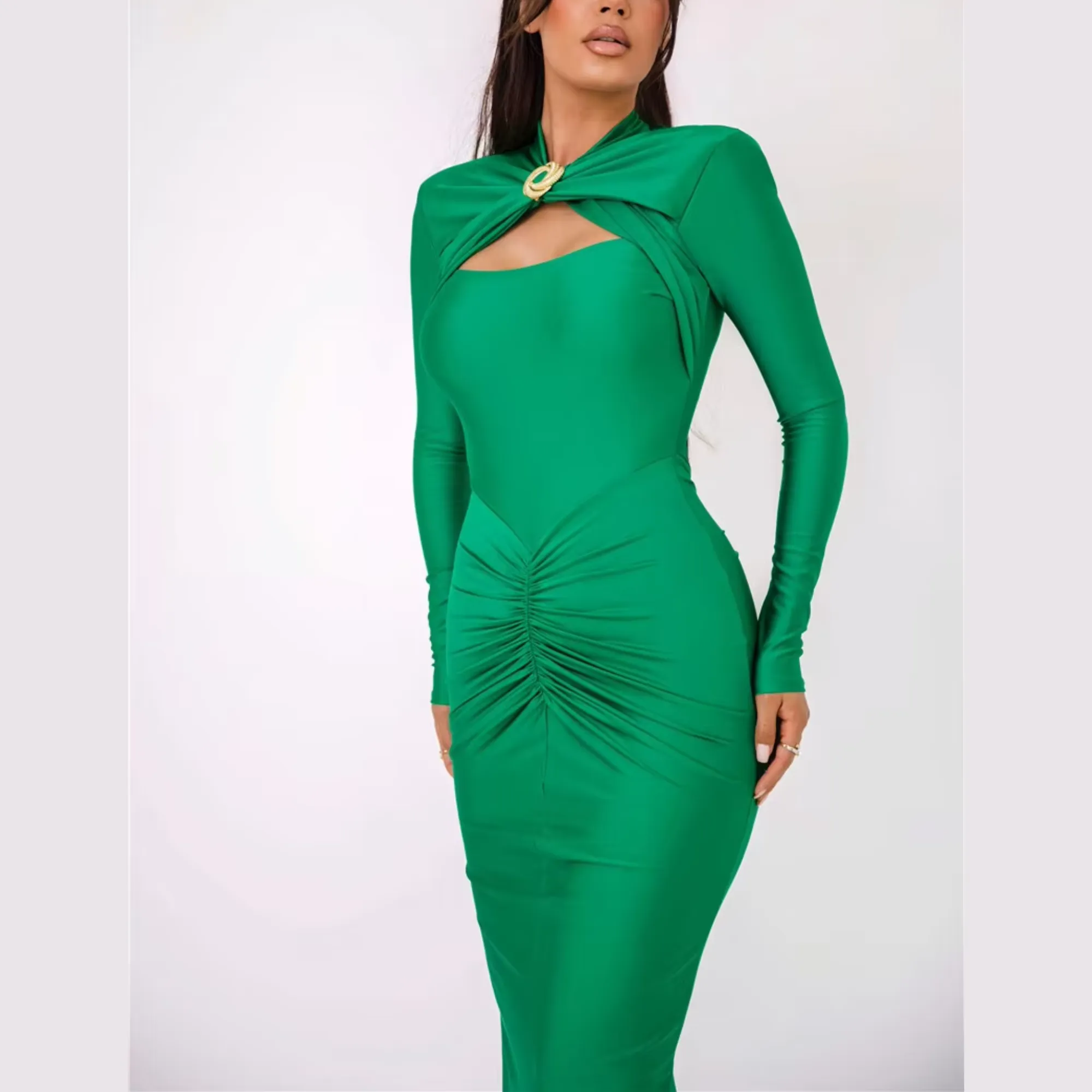 Agnola - Green Cutout Ruched Maxi Bodycon Dress