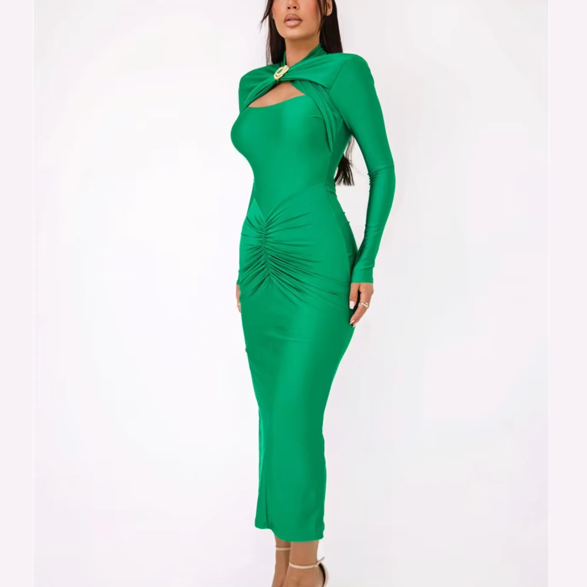 Agnola - Green Cutout Ruched Maxi Bodycon Dress