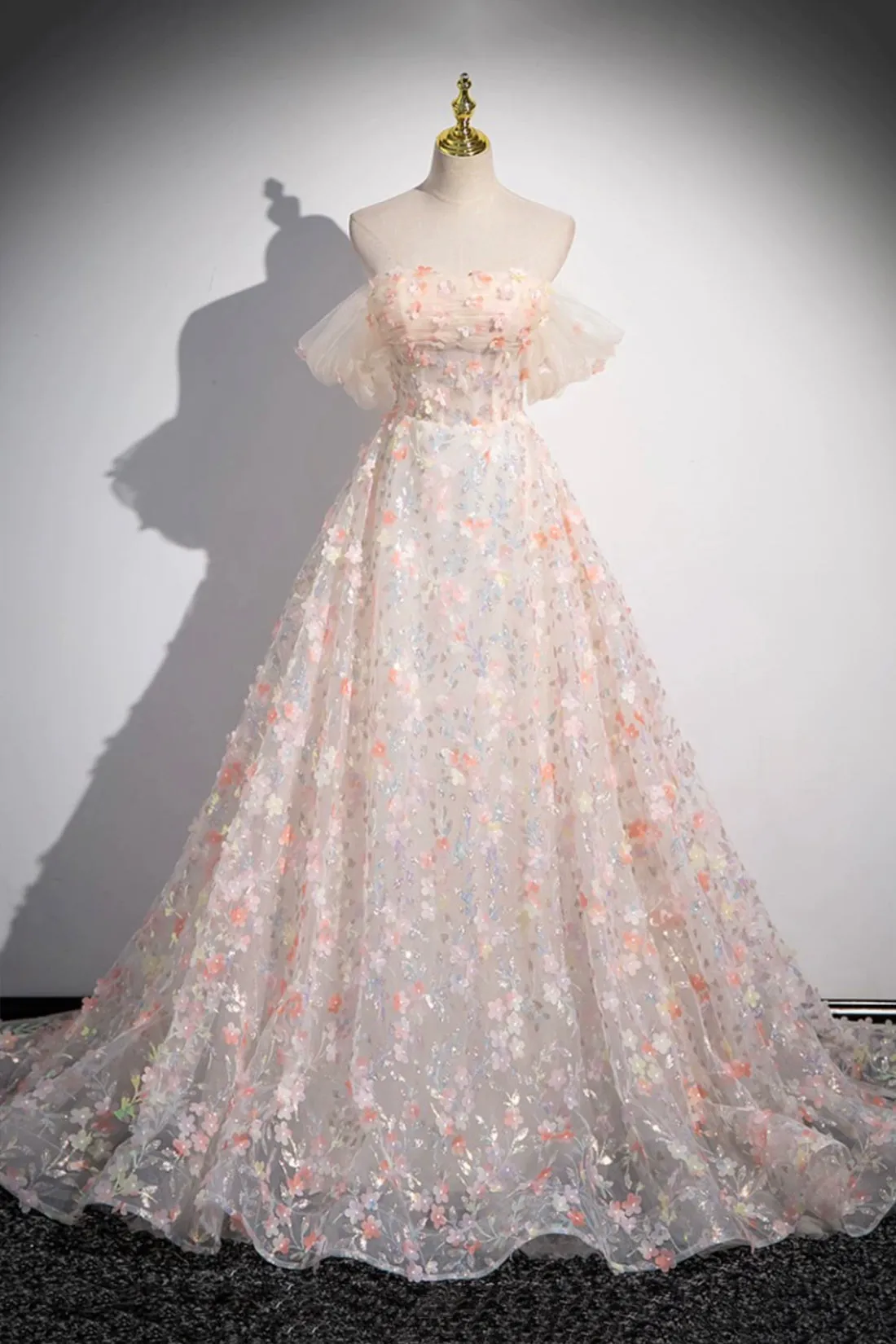 Beautiful Floor Length Sequins and Flowers Party Dress, Off the Shoulder Tulle Formal Dress