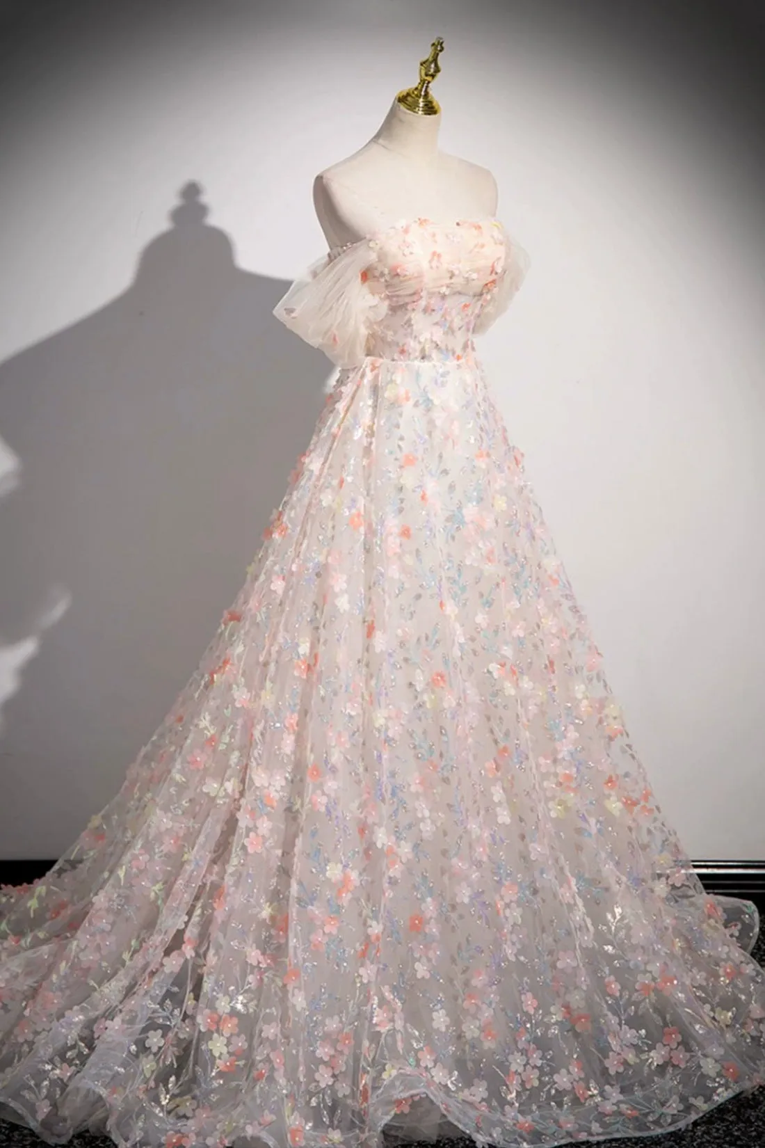 Beautiful Floor Length Sequins and Flowers Party Dress, Off the Shoulder Tulle Formal Dress