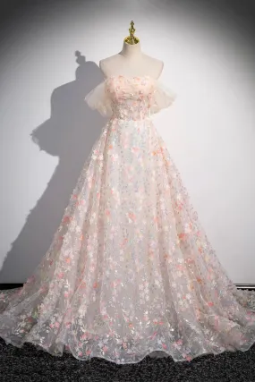 Beautiful Floor Length Sequins and Flowers Party Dress, Off the Shoulder Tulle Formal Dress