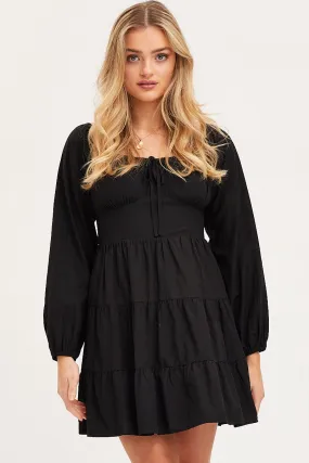 Black Fit And Flare Dress Long Sleeve Square Neck