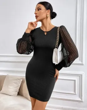 Black Swiss Dot Mesh Sleeve Bodycon Dress