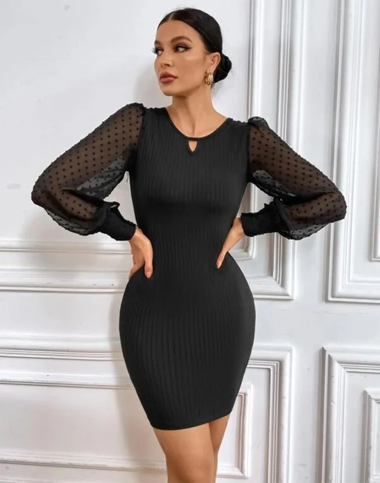 Black Swiss Dot Mesh Sleeve Bodycon Dress