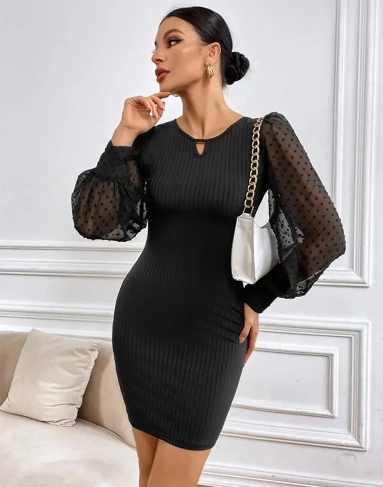 Black Swiss Dot Mesh Sleeve Bodycon Dress