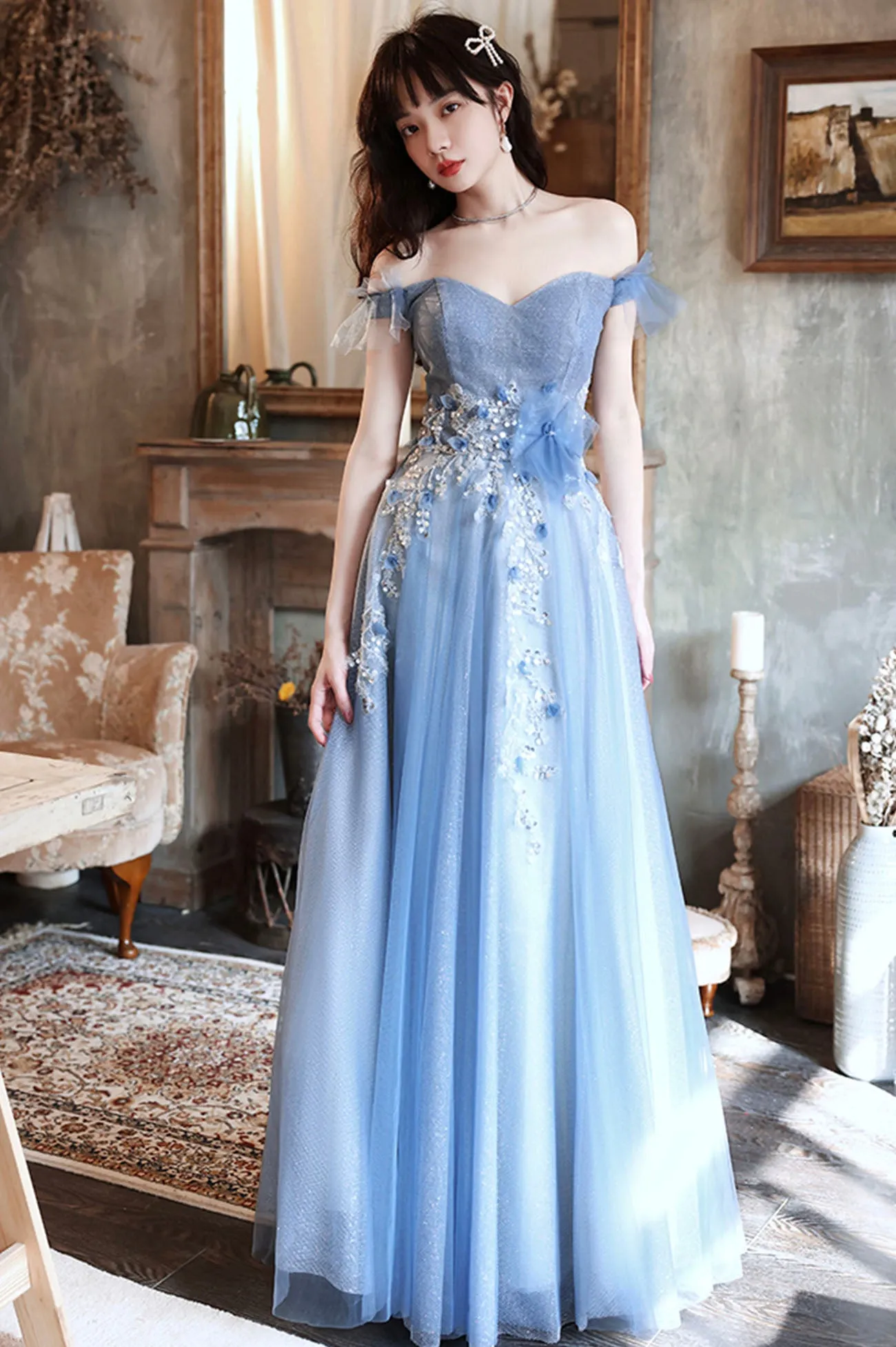 Blue Tulle Long A-Line Prom Dress, Blue Off the Shoulder Evening Party Dress