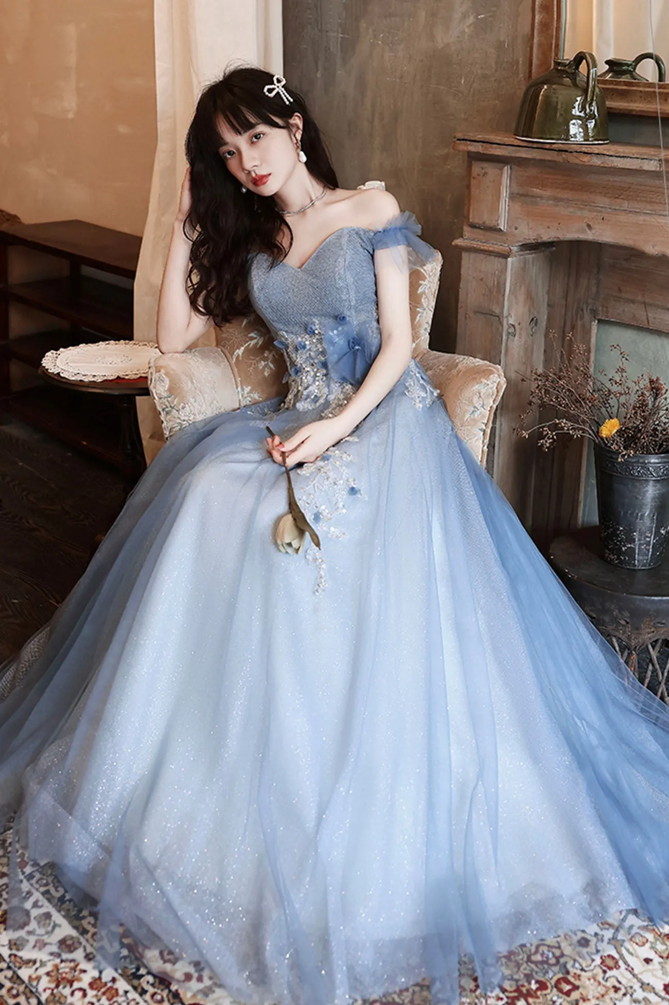 Blue Tulle Long A-Line Prom Dress, Blue Off the Shoulder Evening Party Dress