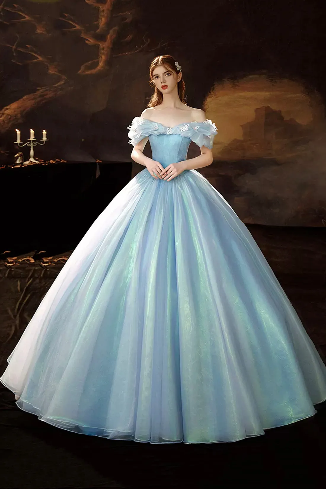 Blue Tulle Long Princess Dress Sweet 16 Dress, Off the Shoulder A-Line Evening Party Dress