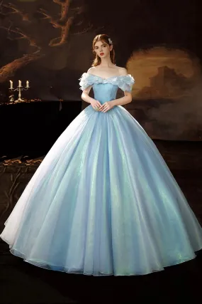 Blue Tulle Long Princess Dress Sweet 16 Dress, Off the Shoulder A-Line Evening Party Dress