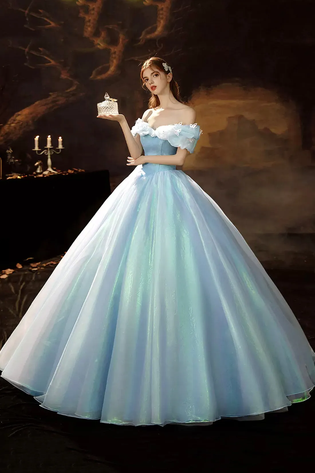Blue Tulle Long Princess Dress Sweet 16 Dress, Off the Shoulder A-Line Evening Party Dress