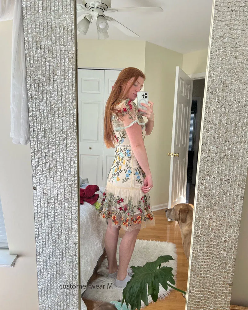 Boho Vintage Party Dress - Mini Dress Embroidered Arabella Rose in White Apricot