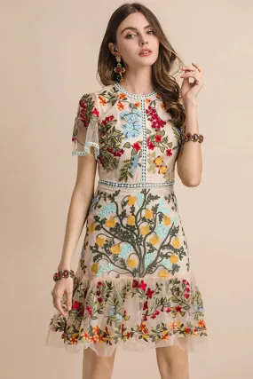 Boho Vintage Party Dress - Mini Dress Embroidered Arabella Rose in White Apricot