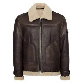 Brown Shearling Collar Aviator Leather Jacket – Classic & Warm