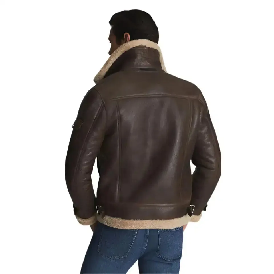 Brown Shearling Collar Aviator Leather Jacket – Classic & Warm