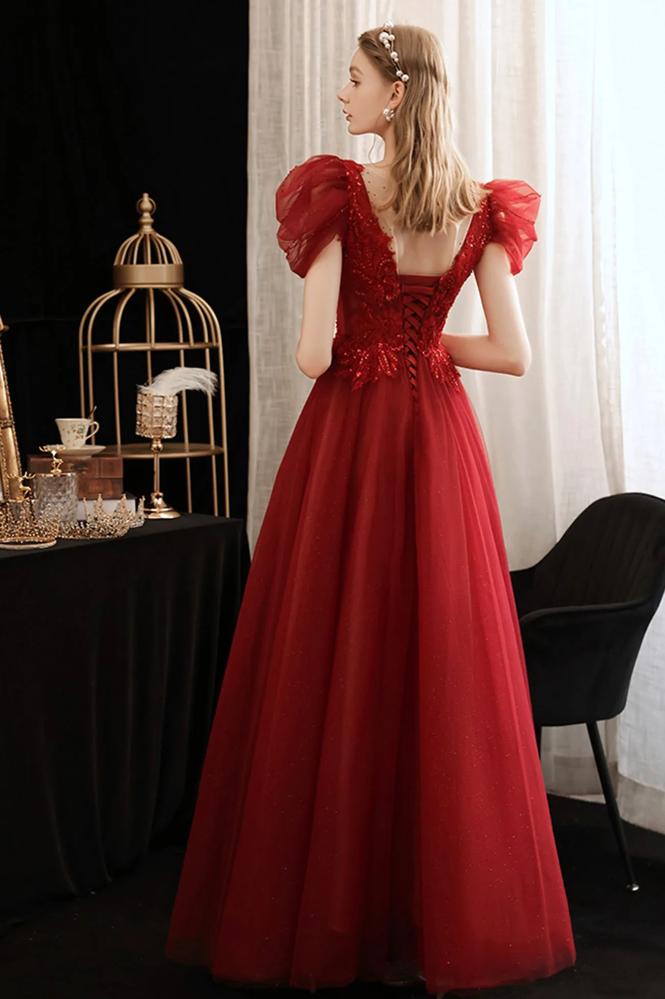 Burgundy Lace Long Prom Dress with Sequins, Cute Puff Sleeve Graduation Dress