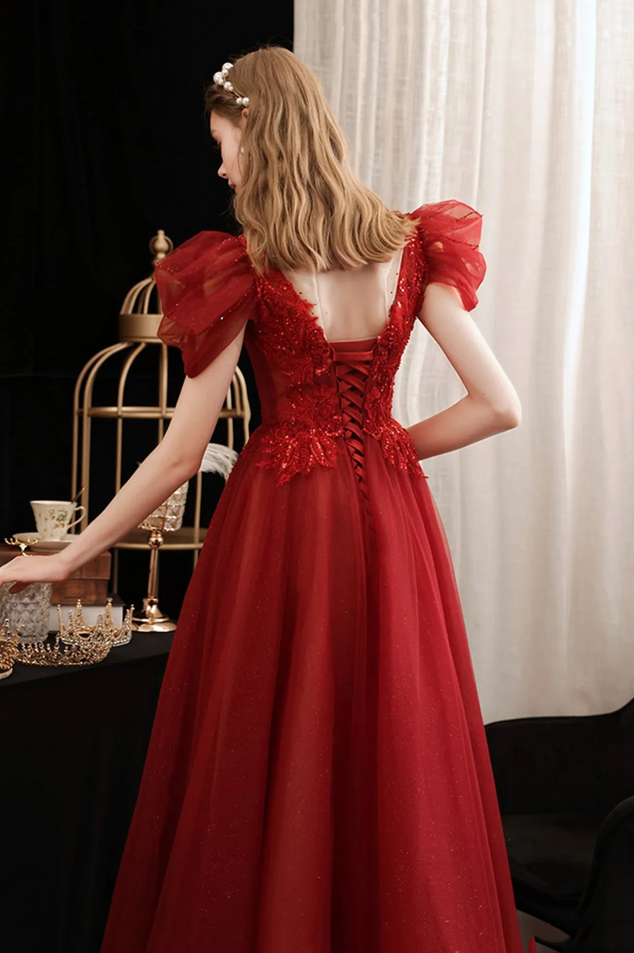 Burgundy Lace Long Prom Dress with Sequins, Cute Puff Sleeve Graduation Dress