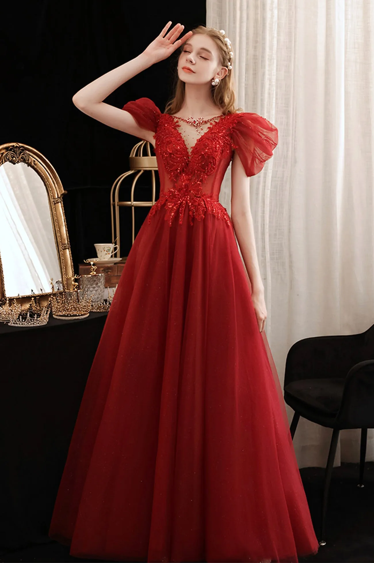 Burgundy Lace Long Prom Dress with Sequins, Cute Puff Sleeve Graduation Dress