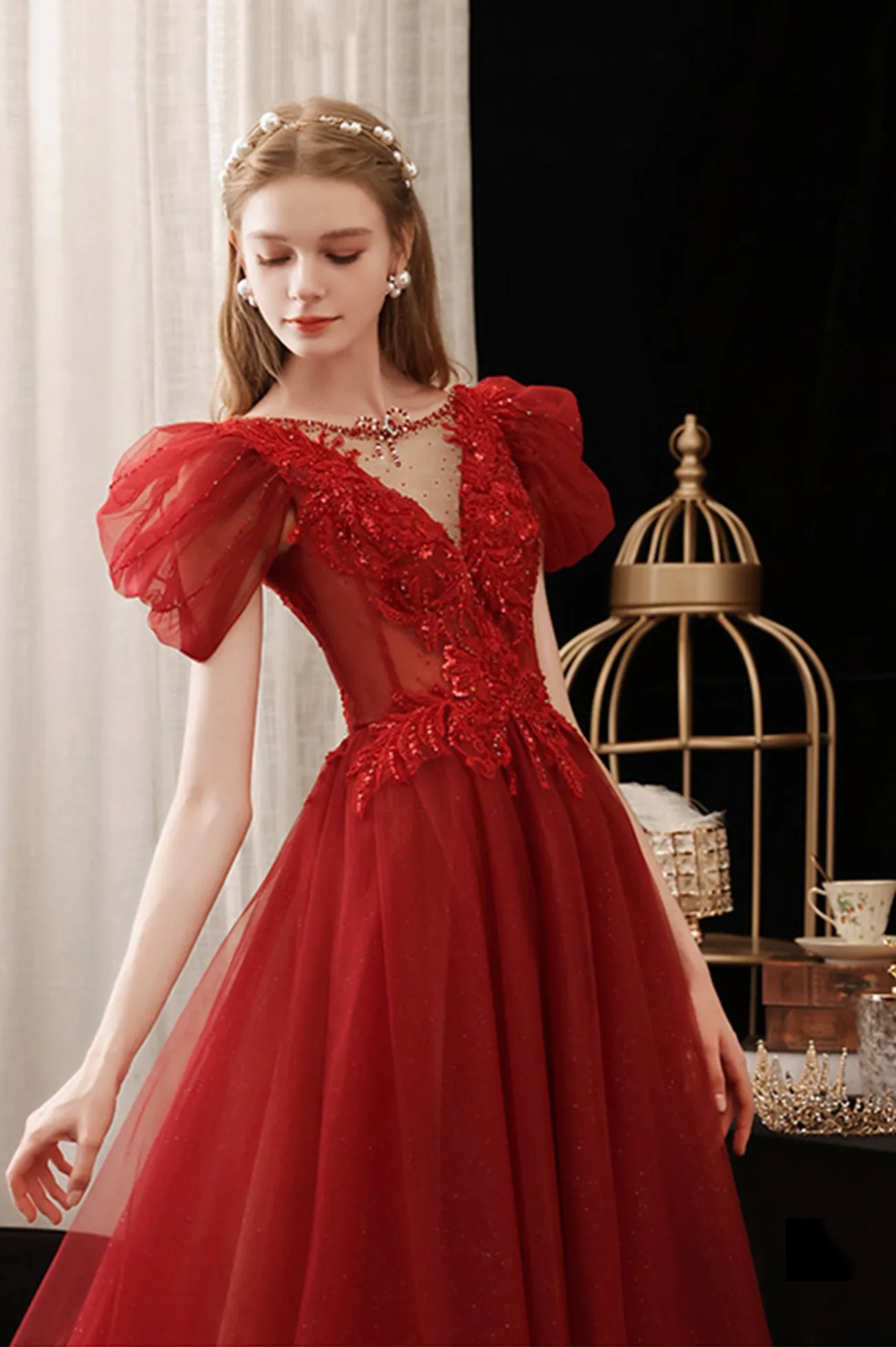 Burgundy Lace Long Prom Dress with Sequins, Cute Puff Sleeve Graduation Dress