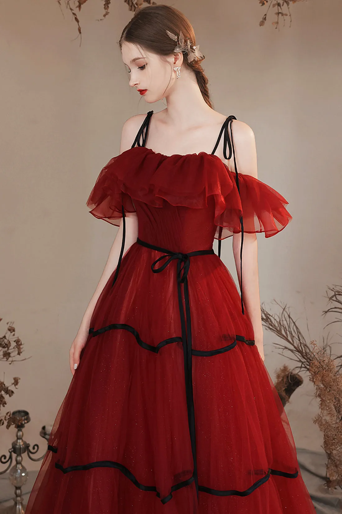 Burgundy Off Shoulder Tulle Long Prom Dresses, Burgundy Evening Party Dresses