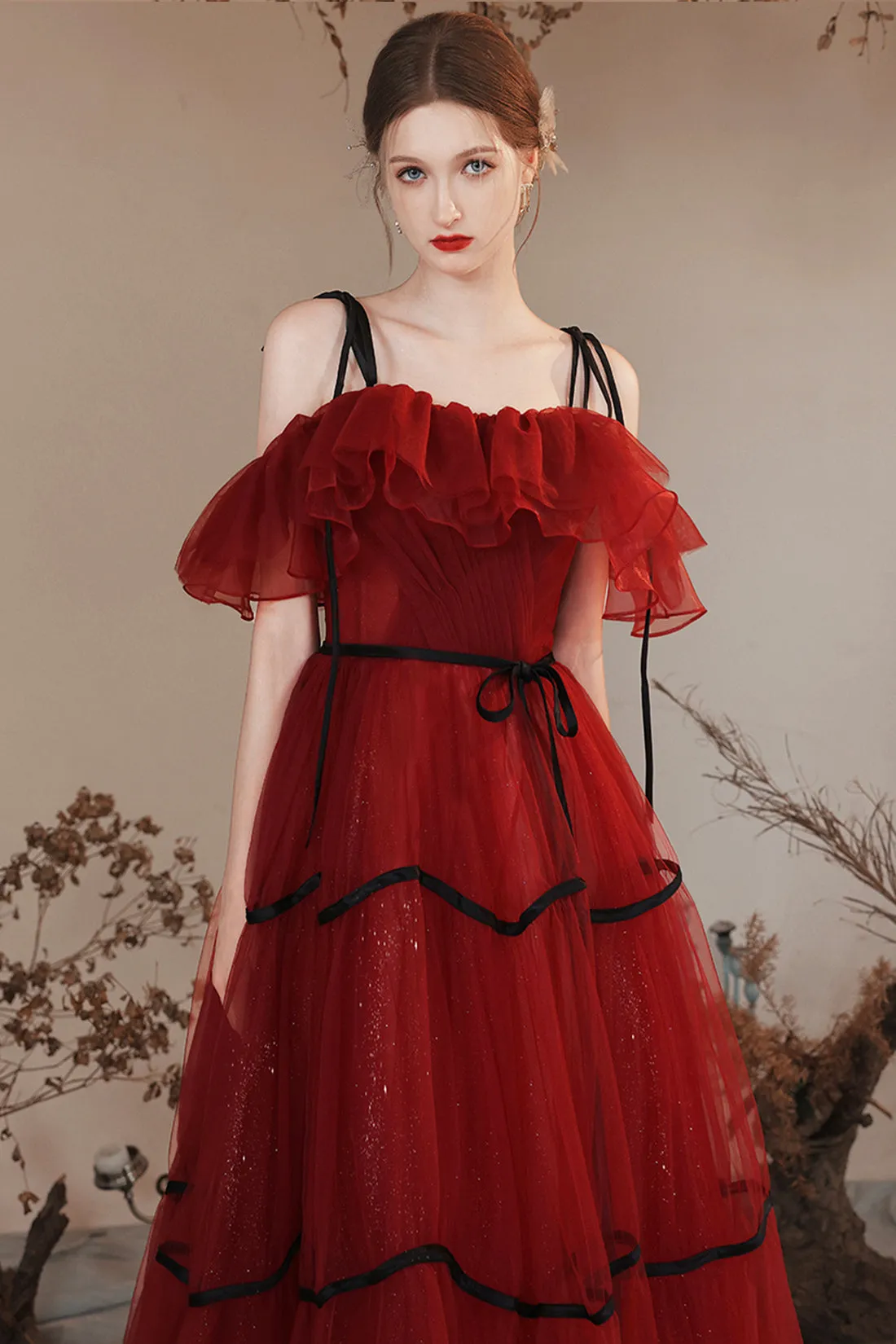 Burgundy Off Shoulder Tulle Long Prom Dresses, Burgundy Evening Party Dresses