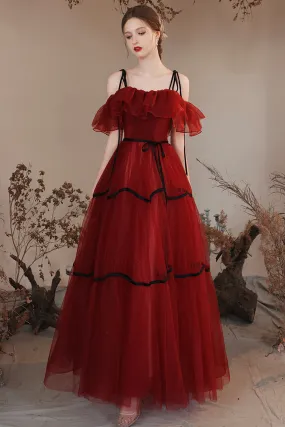 Burgundy Off Shoulder Tulle Long Prom Dresses, Burgundy Evening Party Dresses