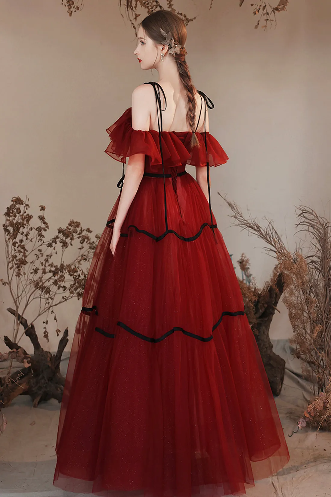Burgundy Off Shoulder Tulle Long Prom Dresses, Burgundy Evening Party Dresses