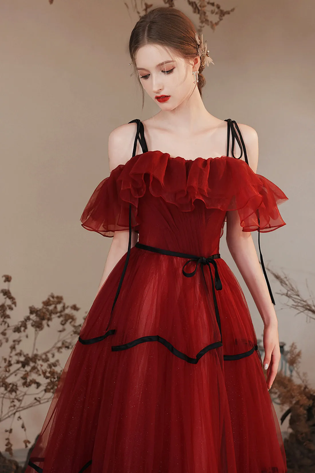 Burgundy Off Shoulder Tulle Long Prom Dresses, Burgundy Evening Party Dresses