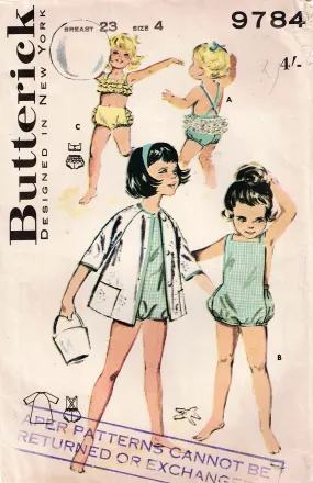 Butterick 9784 Toddler Girls Sunsuit Bikini & Beach Coat 1960s Vintage Sewing Pattern Size 4 or 6 UNUSED Factory Folded