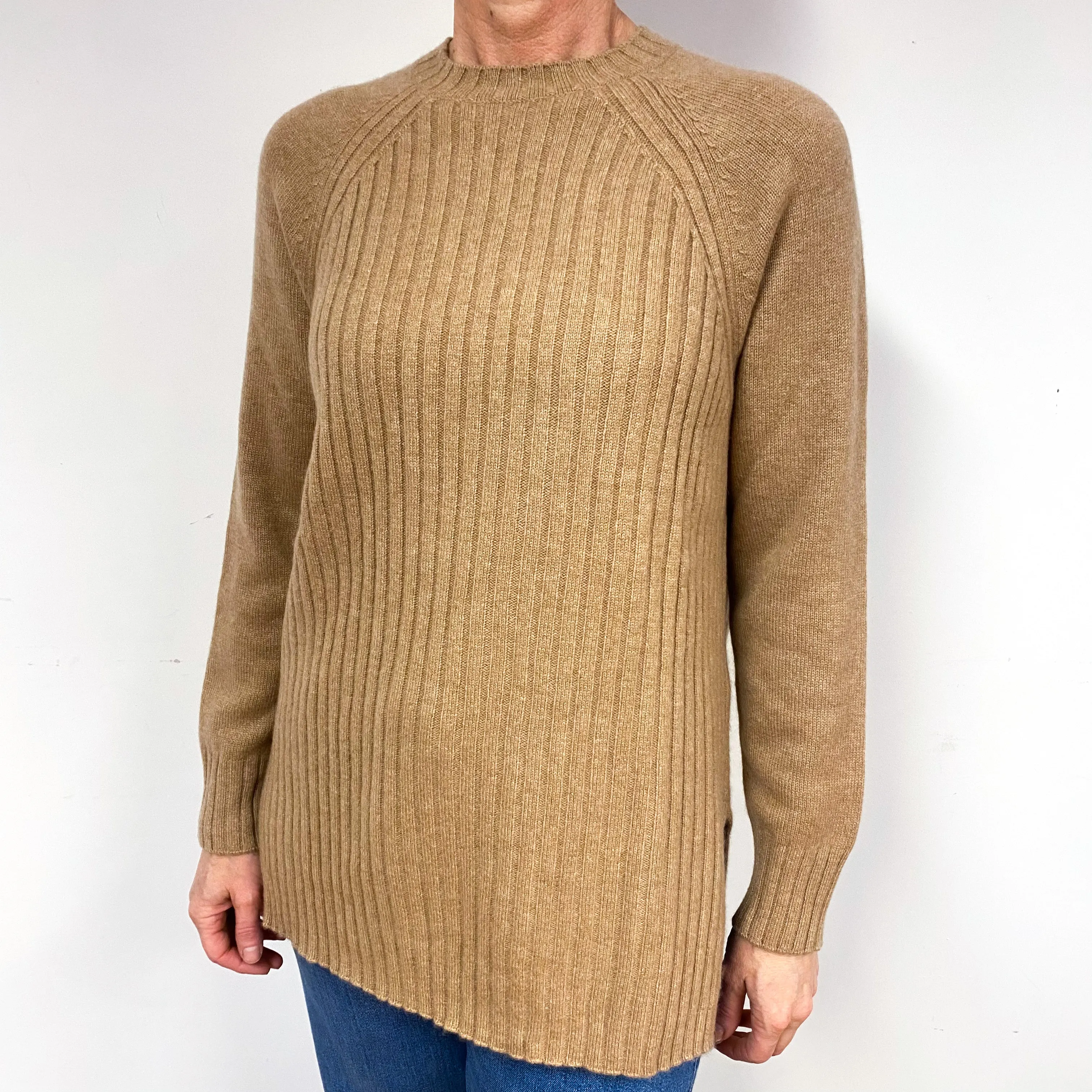 Camel Brown Ribbed Cashmere Crew Neck Jumper Medium