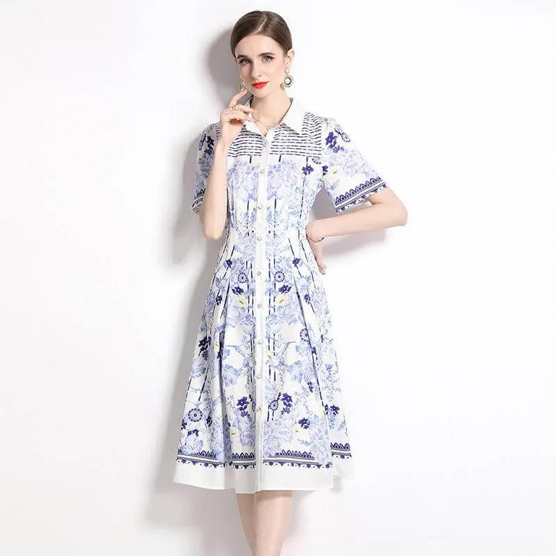 Chic Printed Mid-Length Dress with Slim Collar and Short Sleeves