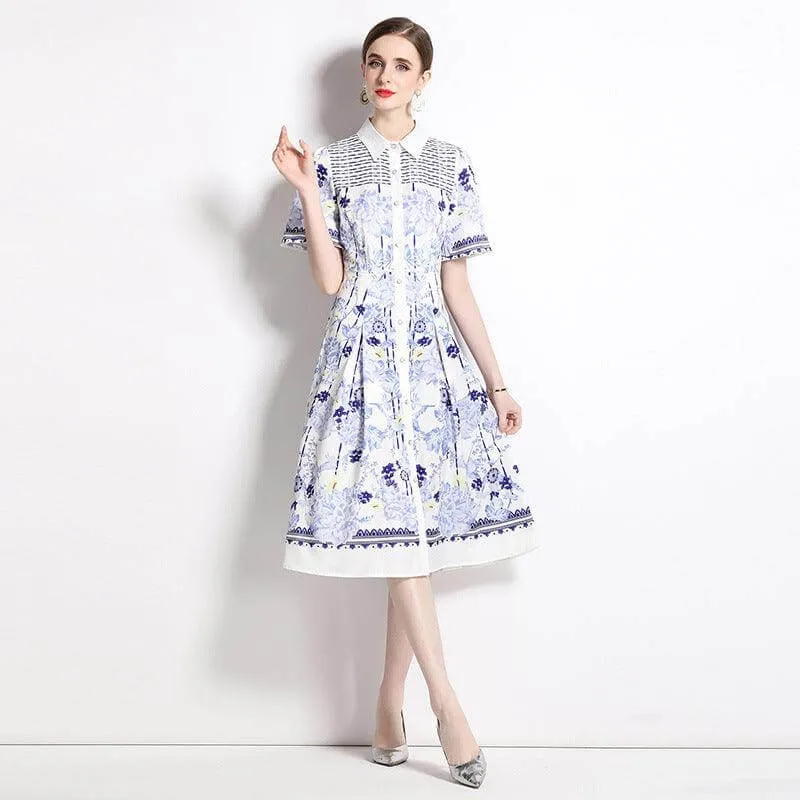 Chic Printed Mid-Length Dress with Slim Collar and Short Sleeves
