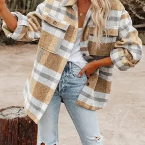 Cool Autumn Days Khaki Flannel Plaid Shacket (Medium)