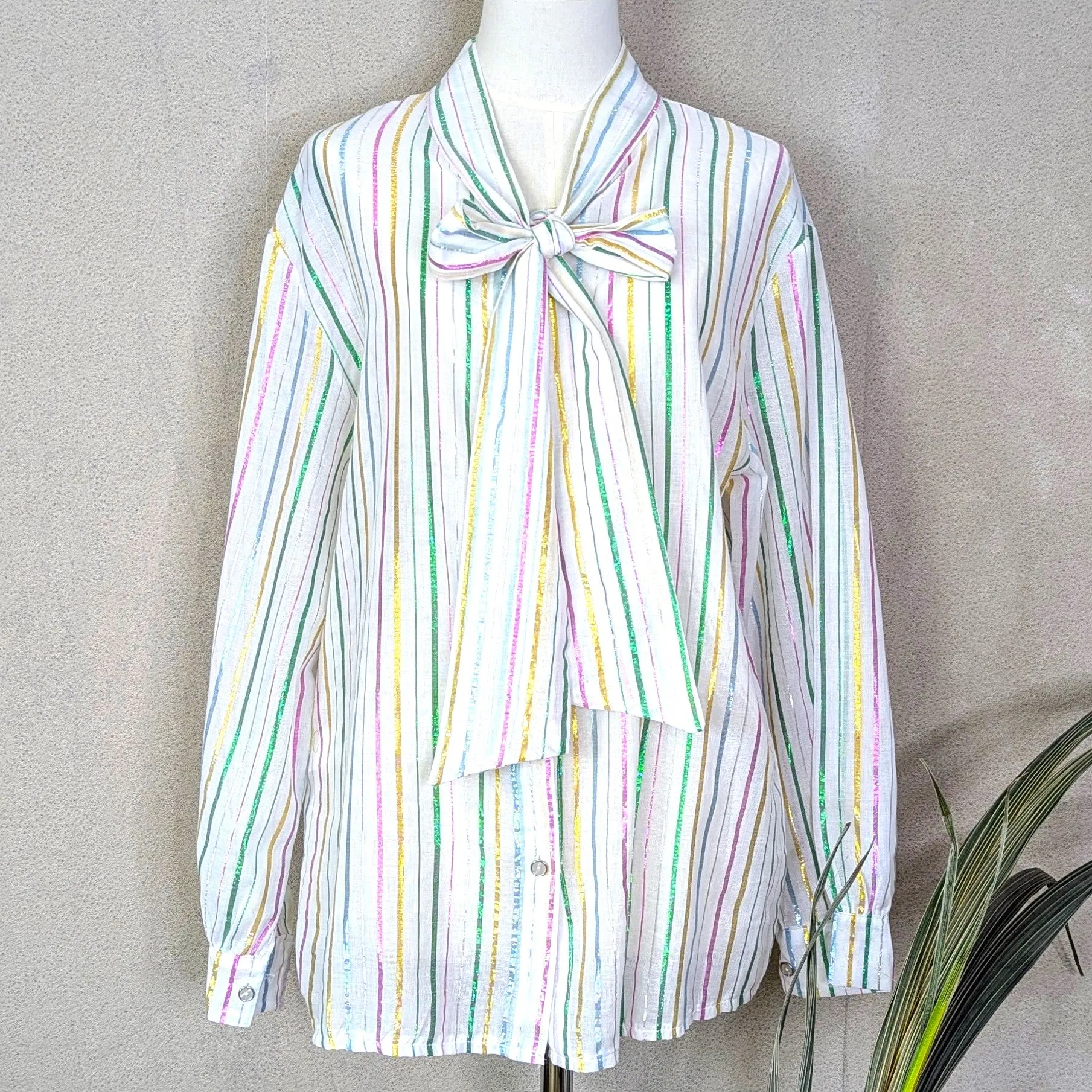 Cotton lurex mix shirt with pastel metallic stripe and tie detail (M)