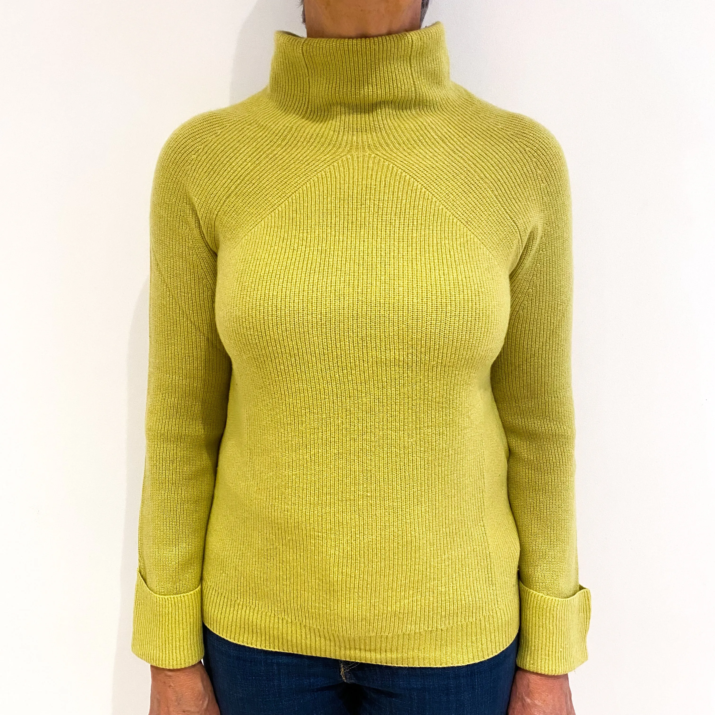Dark Pistachio Green Cashmere Funnel Neck Jumper Medium