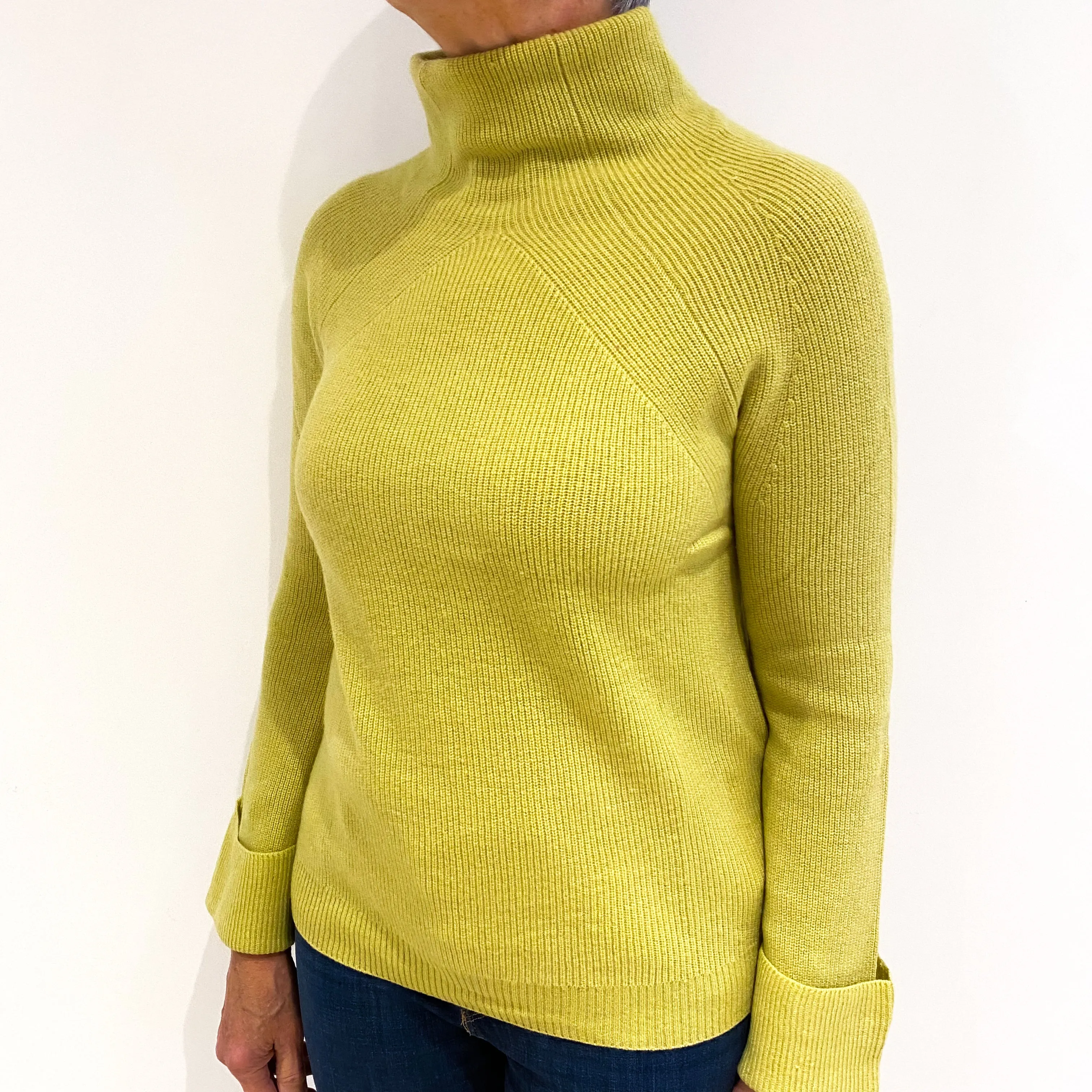 Dark Pistachio Green Cashmere Funnel Neck Jumper Medium