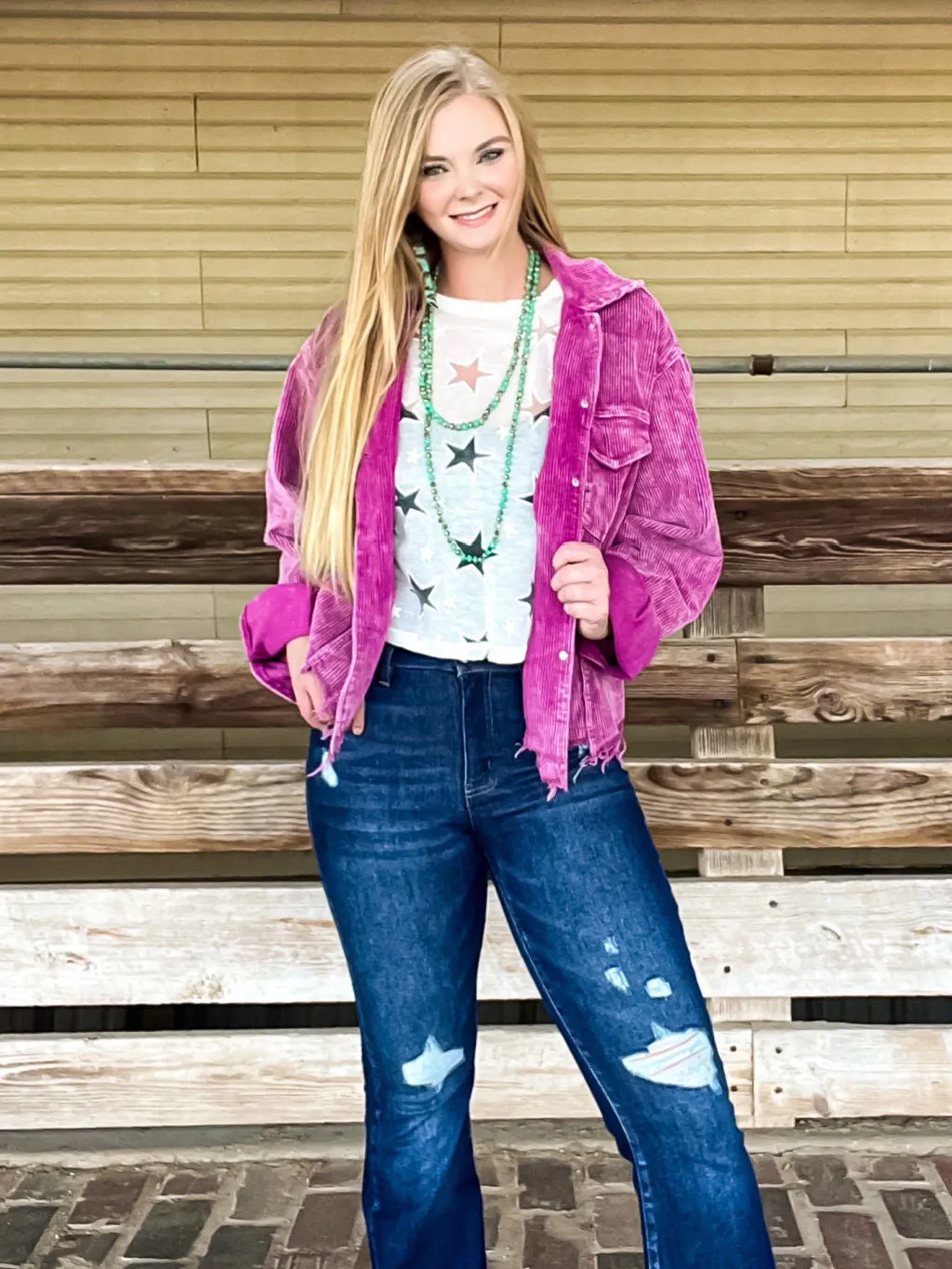 Distressed Hem Corduroy Shacket